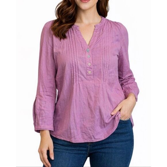 Appleseed's Tops - Appleseed’s cotton pink pleat front popover blouse medium